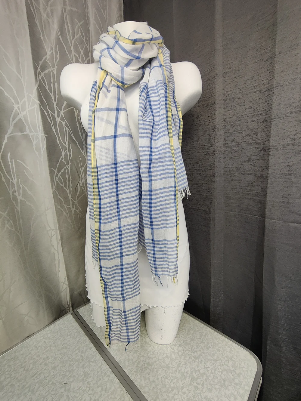 Naturally Knotty Oversized Rayon Scarf Wrap White Blue Sheer Lightweight 32x86